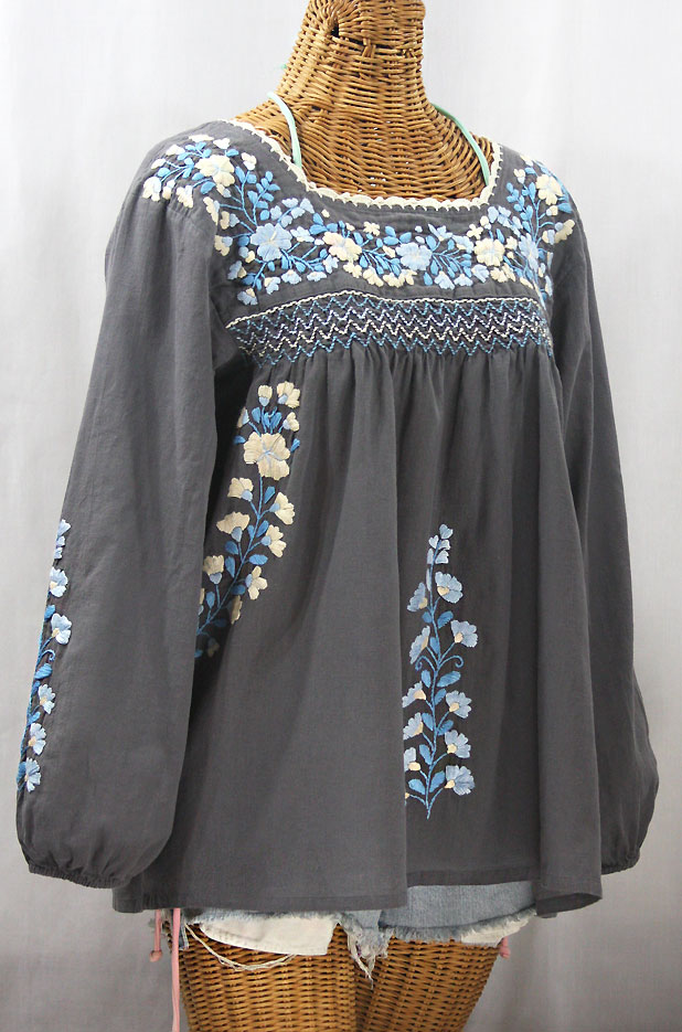 "La Marina Larga" Embroidered Long Sleeve Peasant Blouse - Grey + Blue Mix