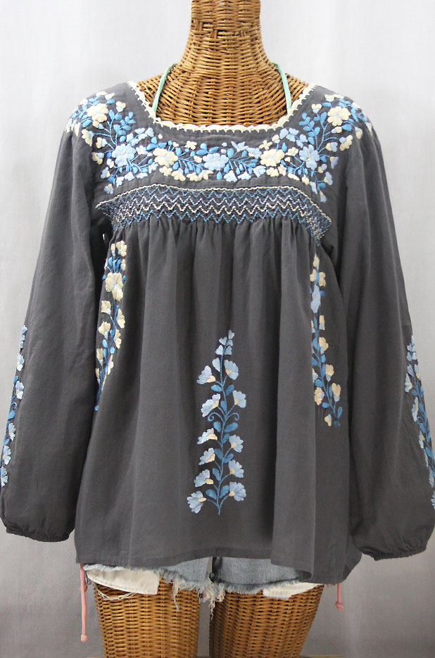 "La Marina Larga" Embroidered Long Sleeve Peasant Blouse - Grey + Blue Mix