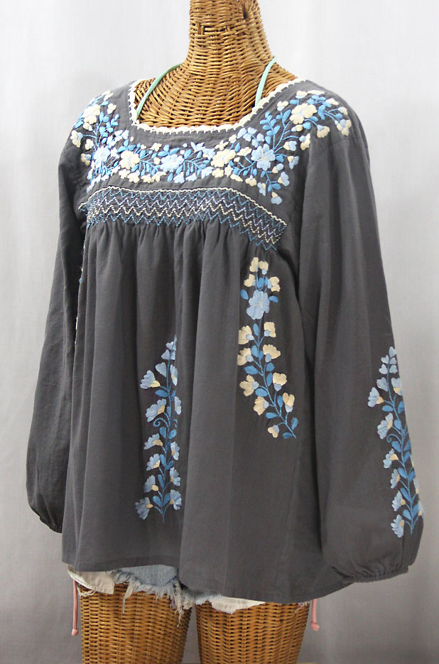 "La Marina Larga" Embroidered Long Sleeve Peasant Blouse - Grey + Blue Mix