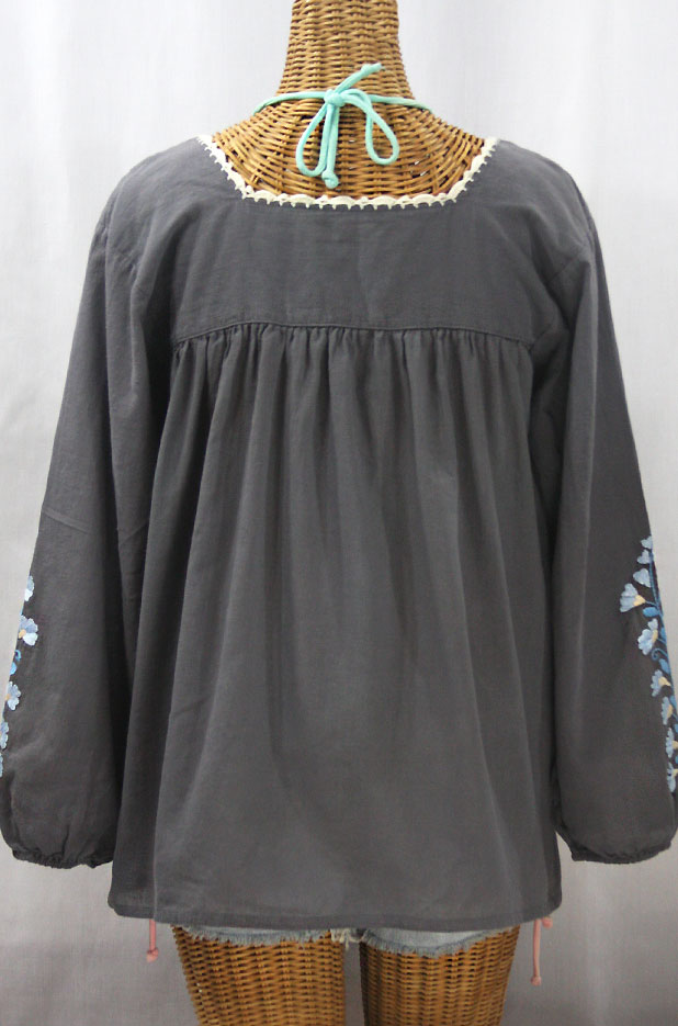 "La Marina Larga" Embroidered Long Sleeve Peasant Blouse - Grey + Blue Mix