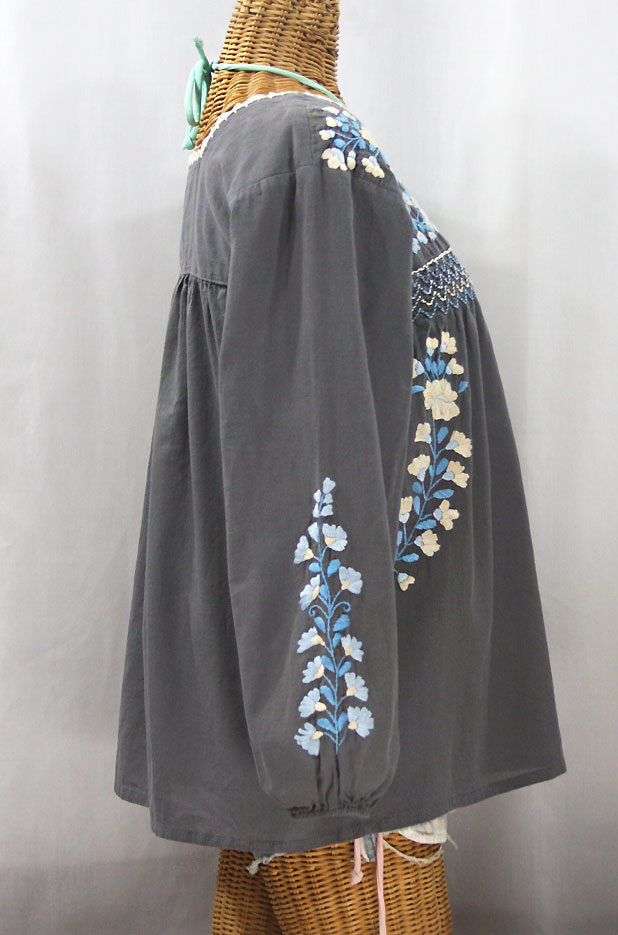 "La Marina Larga" Embroidered Long Sleeve Peasant Blouse - Grey + Blue Mix