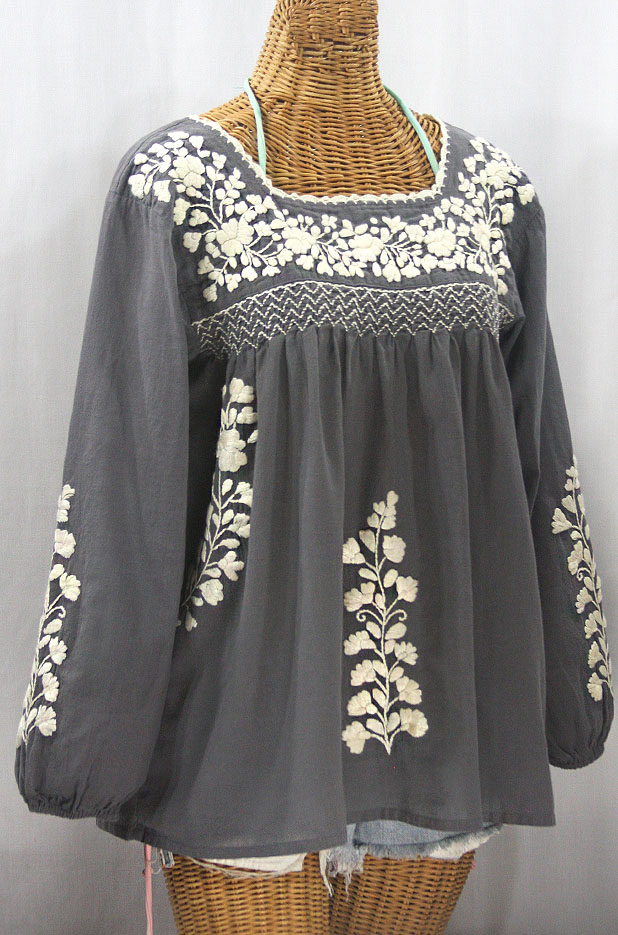 "La Marina Larga" Embroidered Long Sleeve Peasant Blouse - Medium Grey + Cream