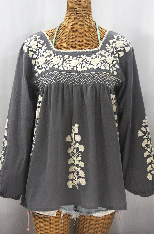 "La Marina Larga" Embroidered Long Sleeve Peasant Blouse - Medium Grey + Cream