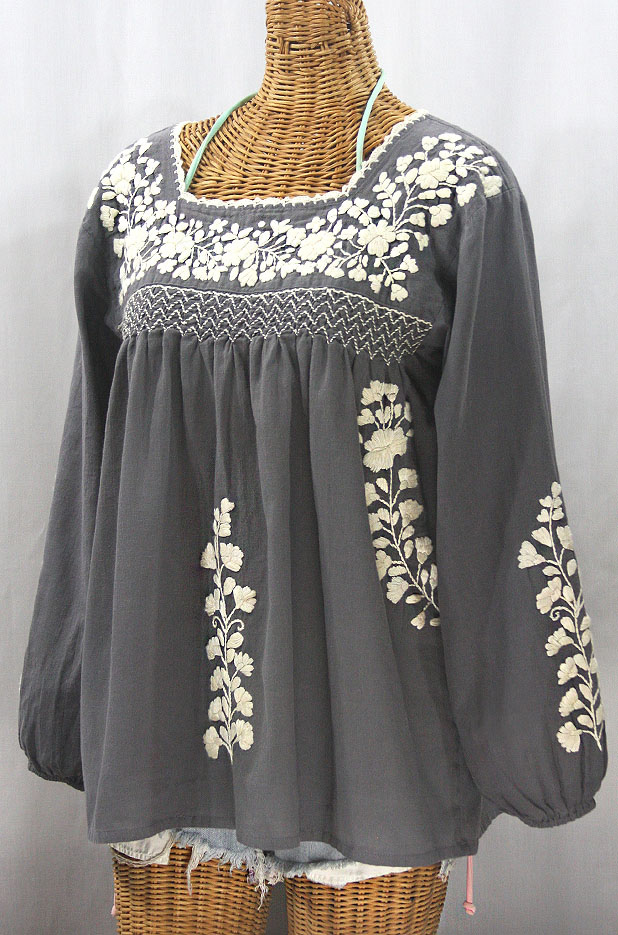 "La Marina Larga" Embroidered Long Sleeve Peasant Blouse - Medium Grey + Cream