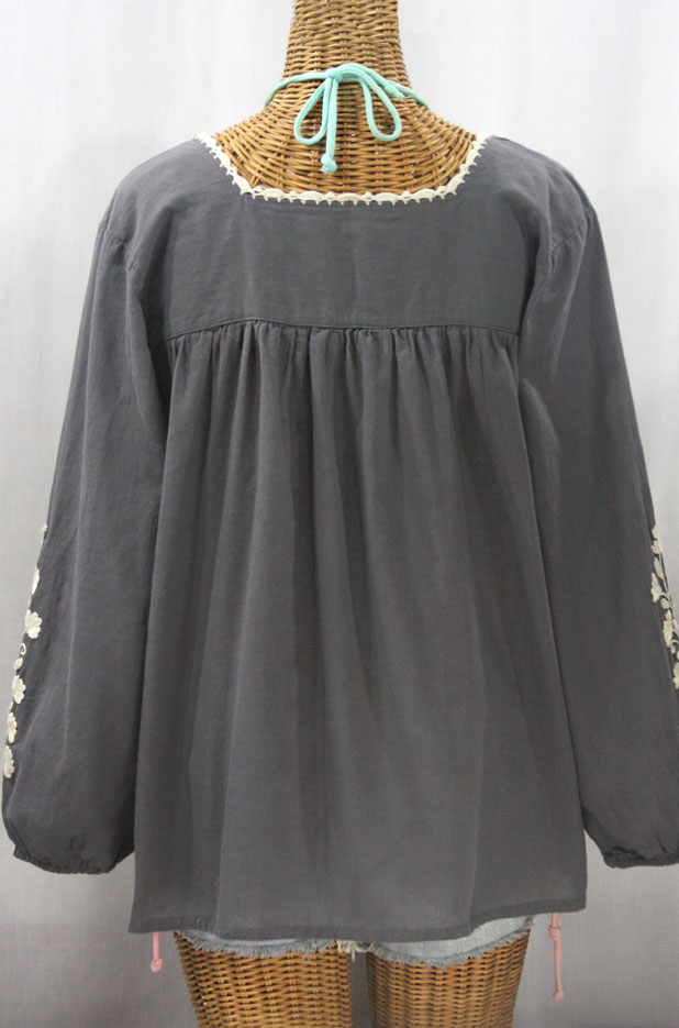 "La Marina Larga" Embroidered Long Sleeve Peasant Blouse - Medium Grey + Cream