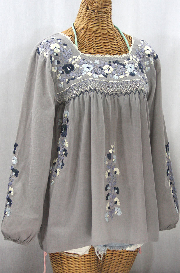 "La Marina Larga" Embroidered Long Sleeve Peasant Blouse - Grey + Grey Mix