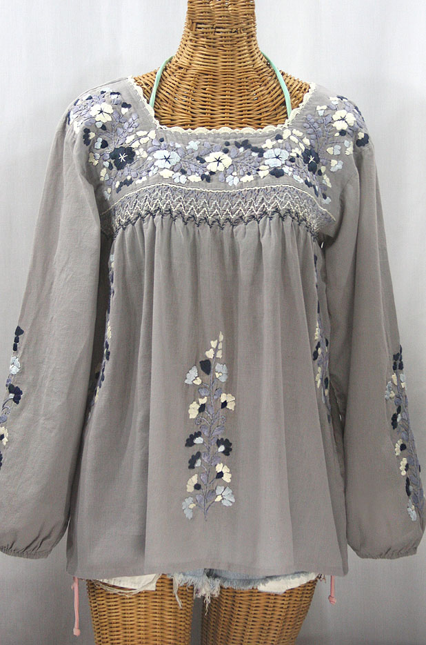 "La Marina Larga" Embroidered Long Sleeve Peasant Blouse - Grey + Grey Mix