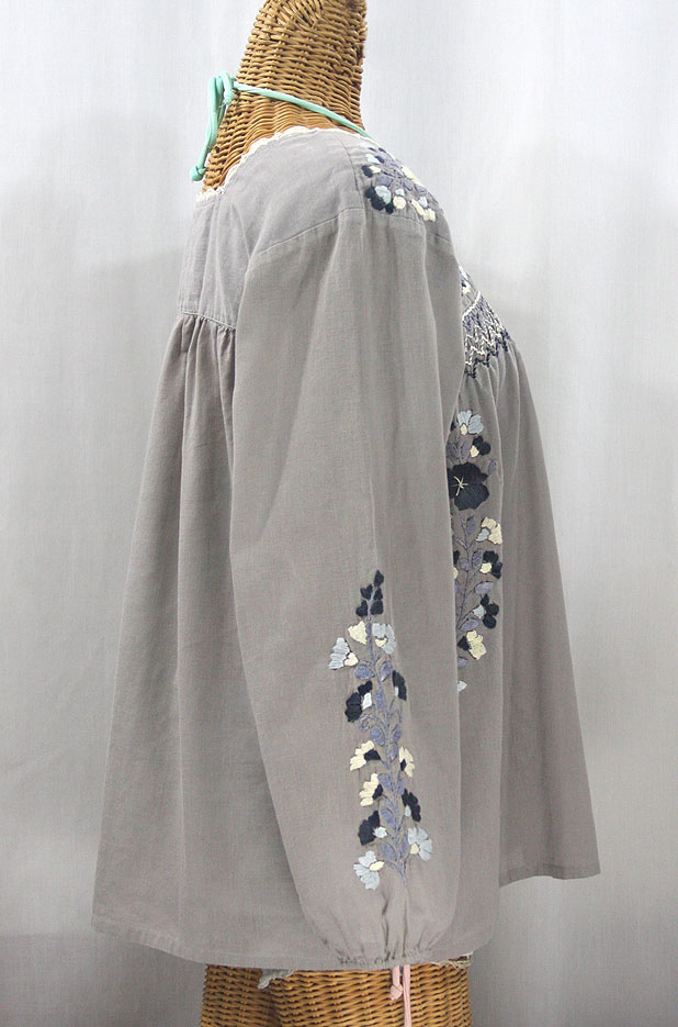 "La Marina Larga" Embroidered Long Sleeve Peasant Blouse - Grey + Grey Mix