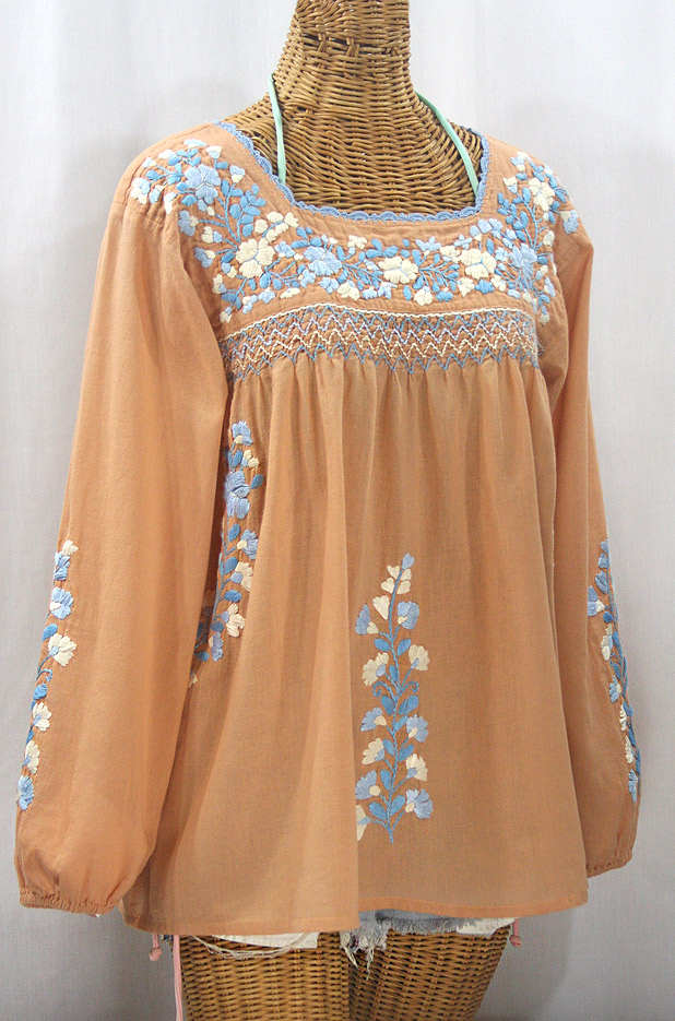 "La Marina Larga" Embroidered Long Sleeve Peasant Blouse - Dusty Melon + Blue Mix