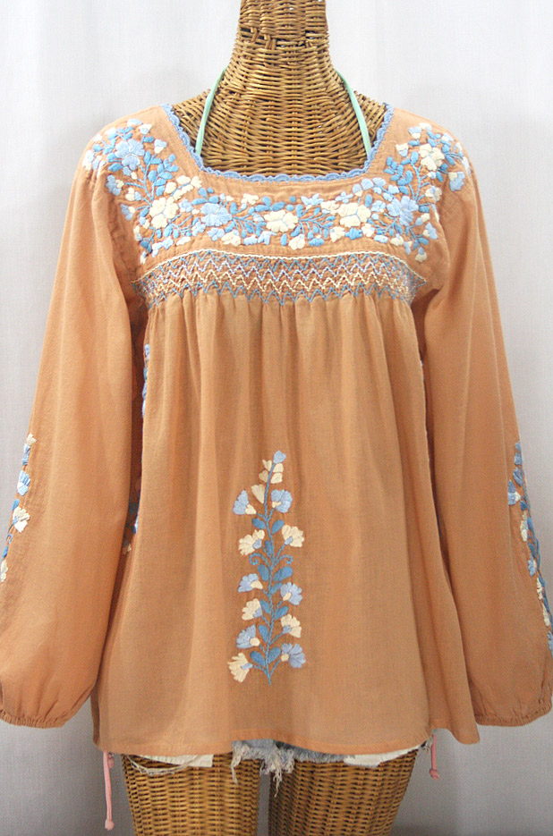 "La Marina Larga" Embroidered Long Sleeve Peasant Blouse - Dusty Melon + Blue Mix