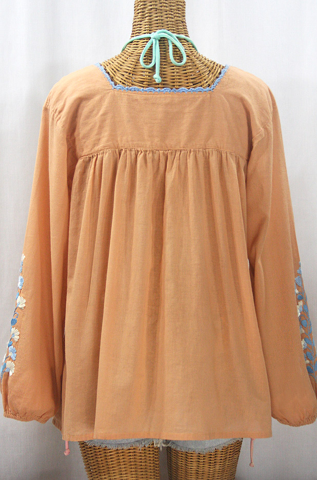 "La Marina Larga" Embroidered Long Sleeve Peasant Blouse - Dusty Melon + Blue Mix