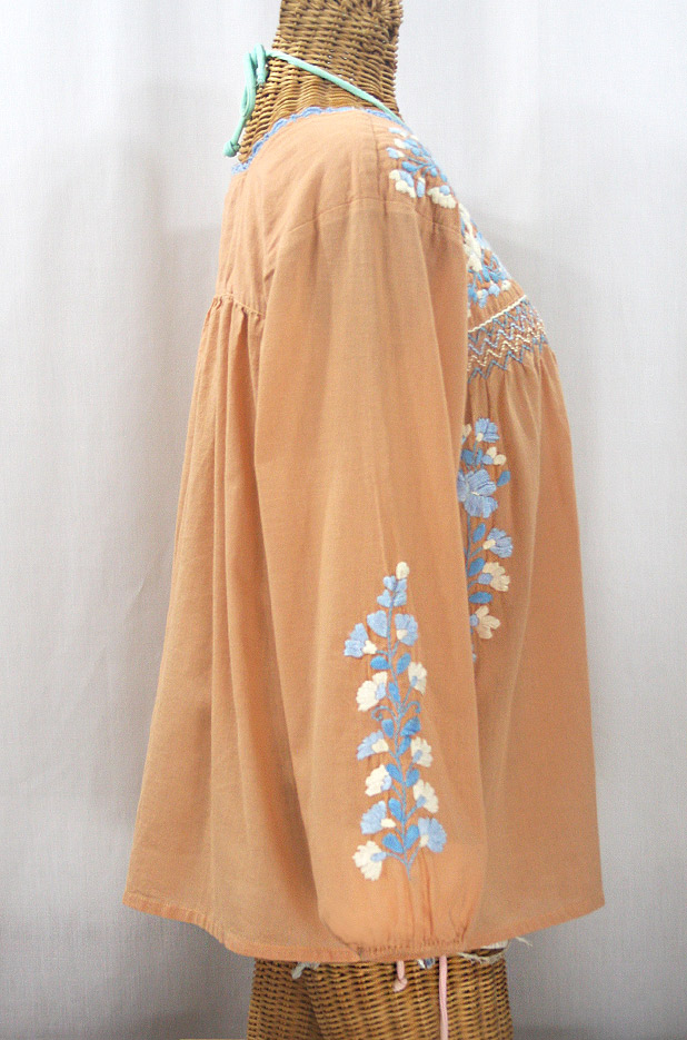 "La Marina Larga" Embroidered Long Sleeve Peasant Blouse - Dusty Melon + Blue Mix