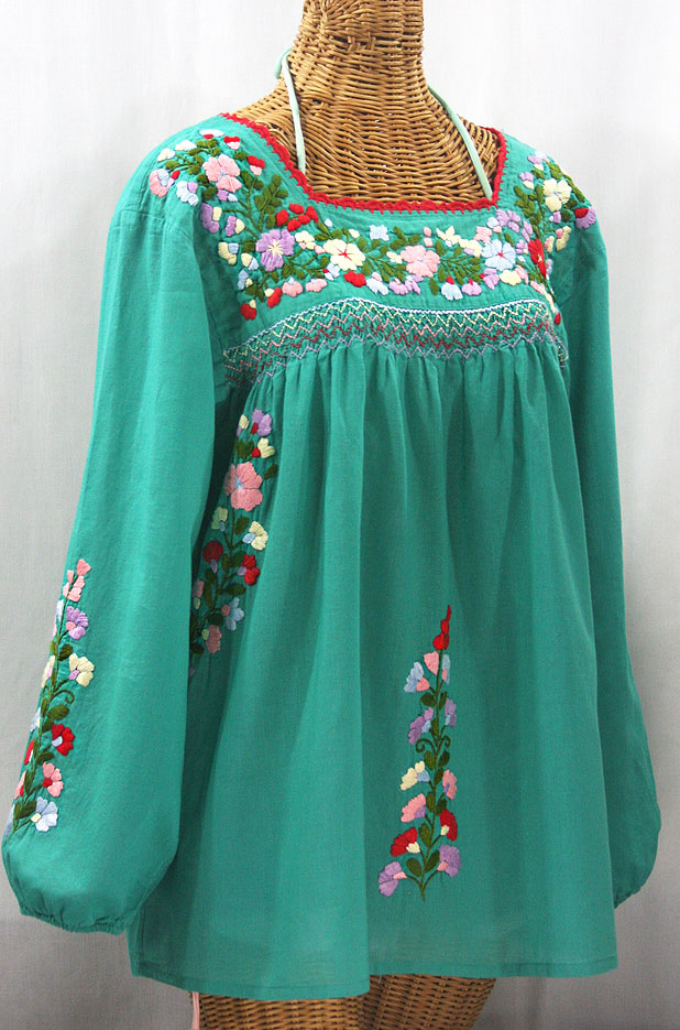 "La Marina Larga" Embroidered Long Sleeve Peasant Blouse - Mint + Multi