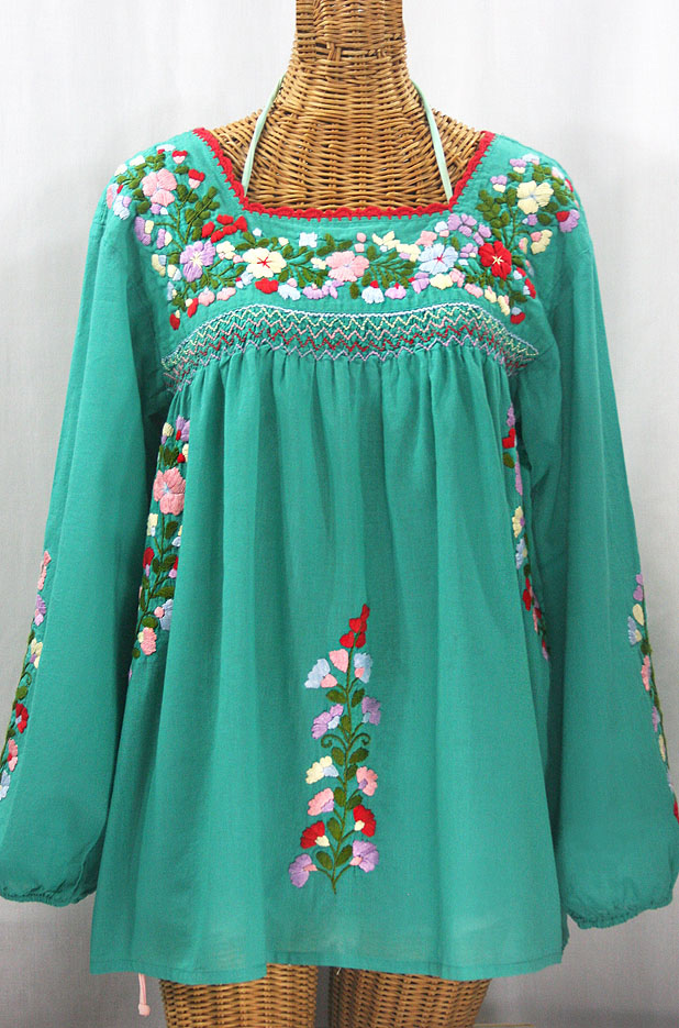 "La Marina Larga" Embroidered Long Sleeve Peasant Blouse - Mint + Multi