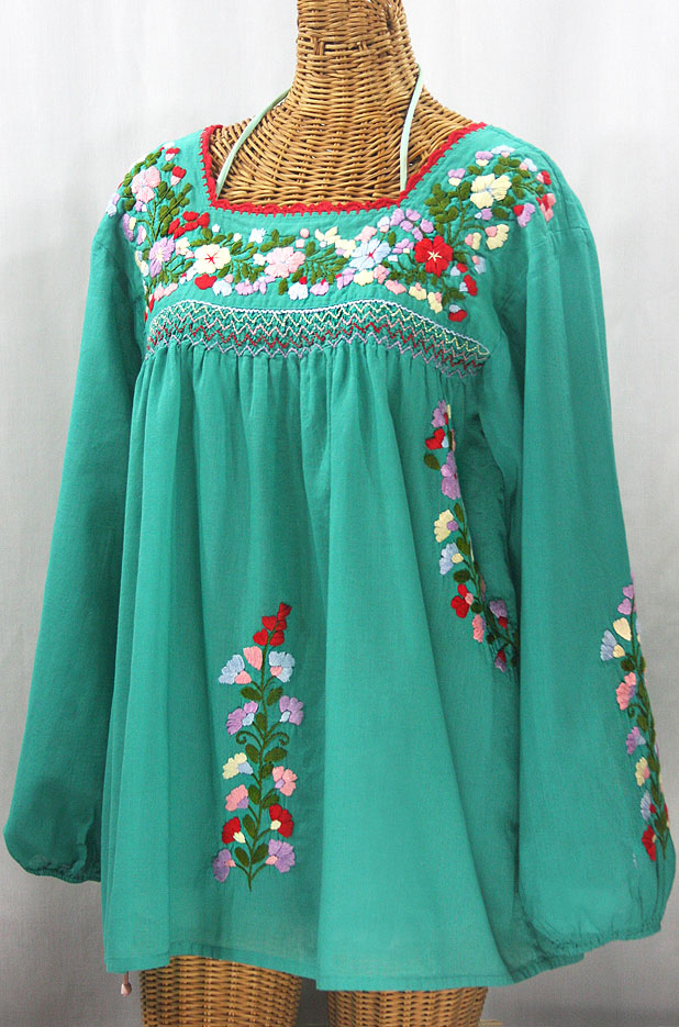 "La Marina Larga" Embroidered Long Sleeve Peasant Blouse - Mint + Multi