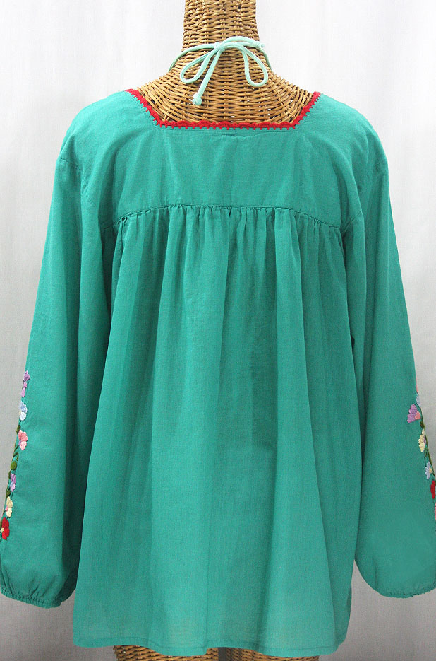 "La Marina Larga" Embroidered Long Sleeve Peasant Blouse - Mint + Multi