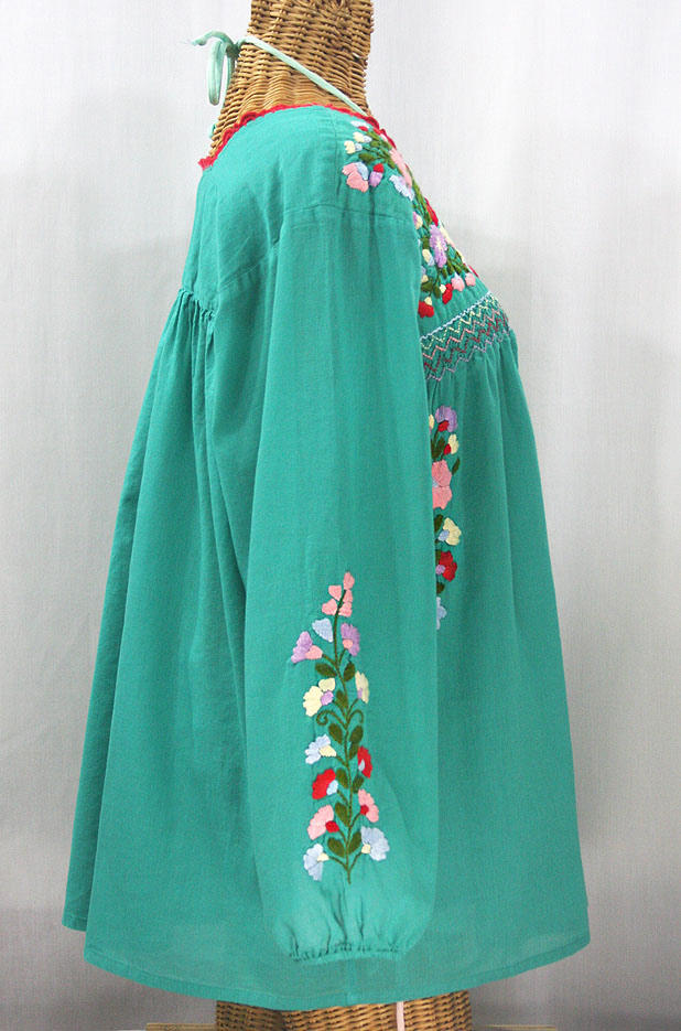 "La Marina Larga" Embroidered Long Sleeve Peasant Blouse - Mint + Multi