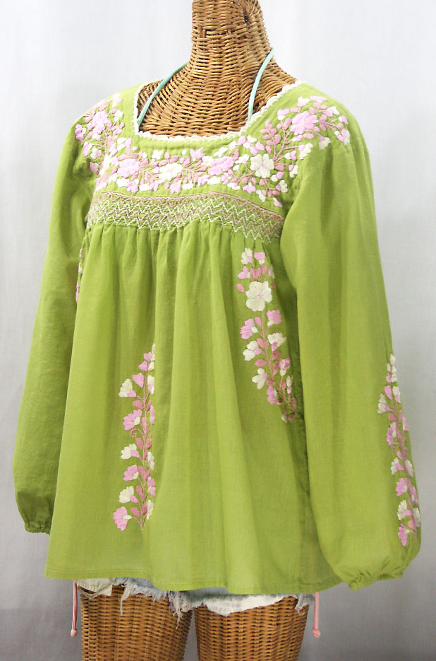 "La Marina Larga" Embroidered Long Sleeve Peasant Blouse - Moss + Light Pink Mix