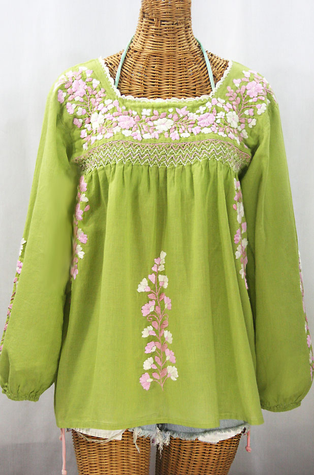 "La Marina Larga" Embroidered Long Sleeve Peasant Blouse - Moss + Light Pink Mix