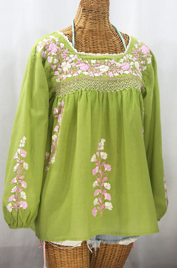 "La Marina Larga" Embroidered Long Sleeve Peasant Blouse - Moss + Light Pink Mix