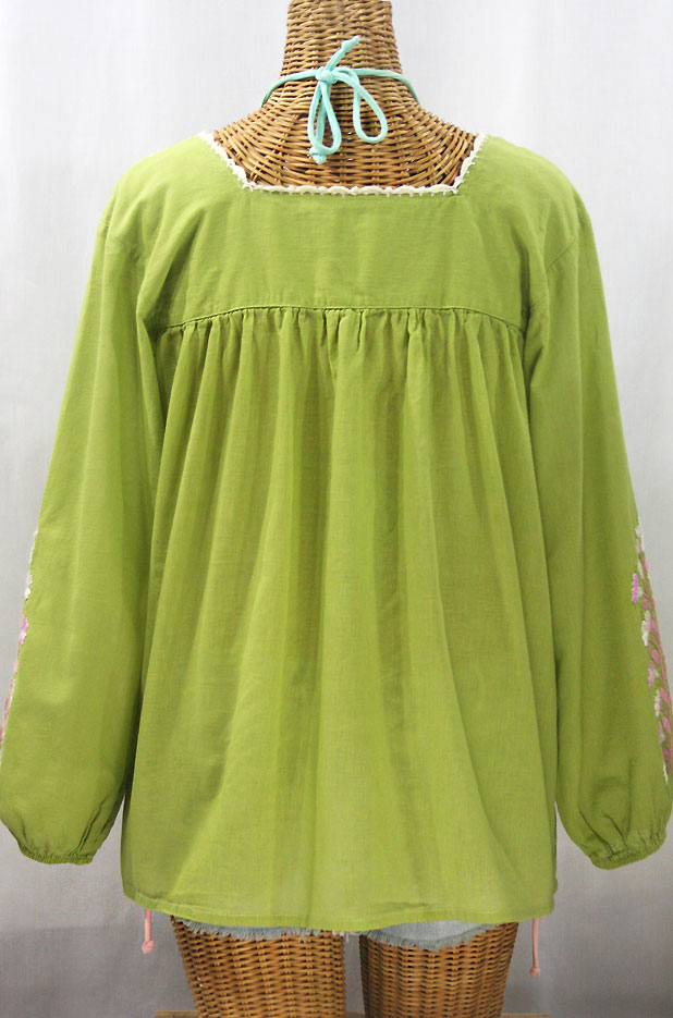 "La Marina Larga" Embroidered Long Sleeve Peasant Blouse - Moss + Light Pink Mix