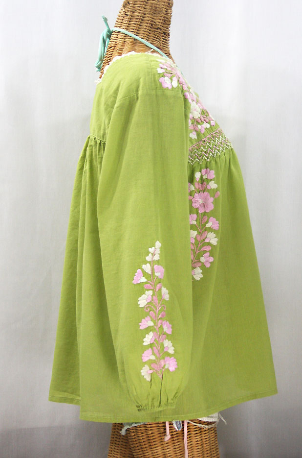 "La Marina Larga" Embroidered Long Sleeve Peasant Blouse - Moss + Light Pink Mix