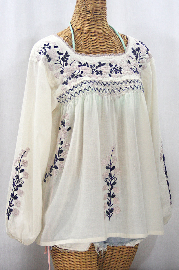 "La Marina Larga" Embroidered Long Sleeve Peasant Blouse - Off White + Navy & Cocoa