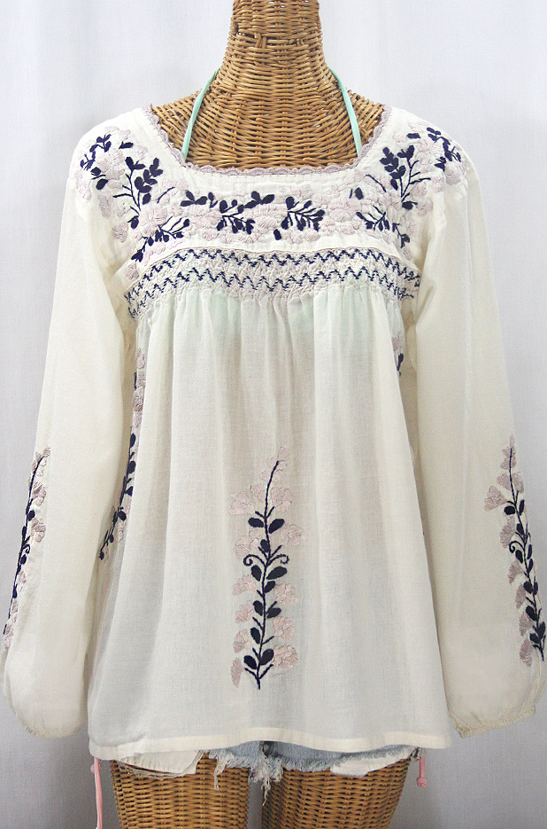 "La Marina Larga" Embroidered Long Sleeve Peasant Blouse - Off White + Navy & Cocoa