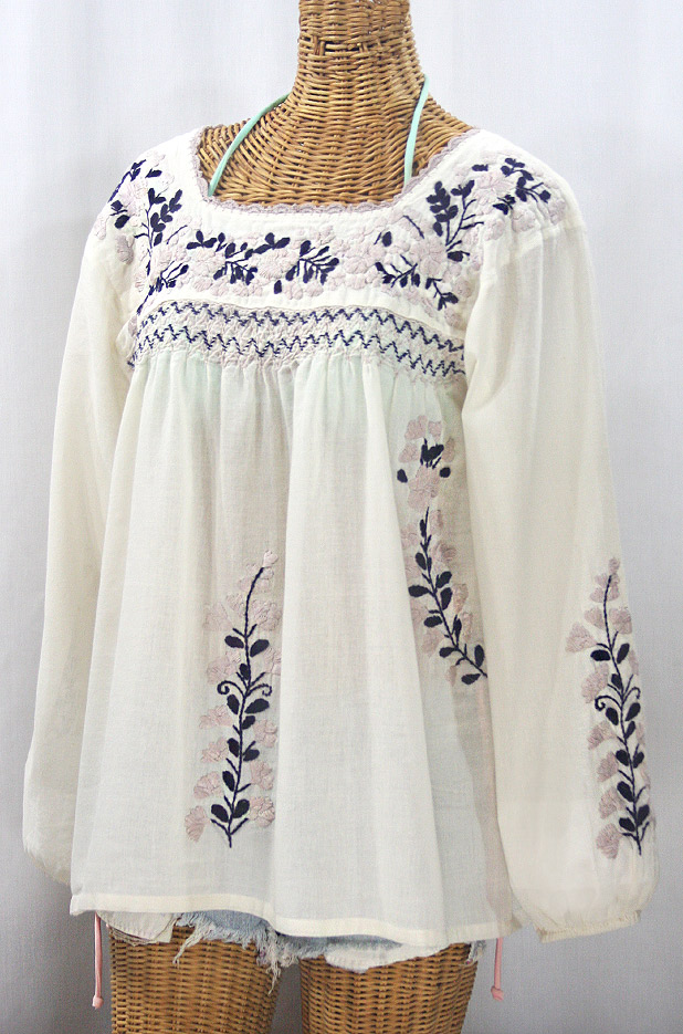 "La Marina Larga" Embroidered Long Sleeve Peasant Blouse - Off White + Navy & Cocoa