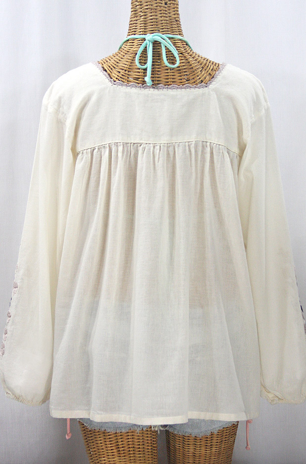"La Marina Larga" Embroidered Long Sleeve Peasant Blouse - Off White + Navy & Cocoa