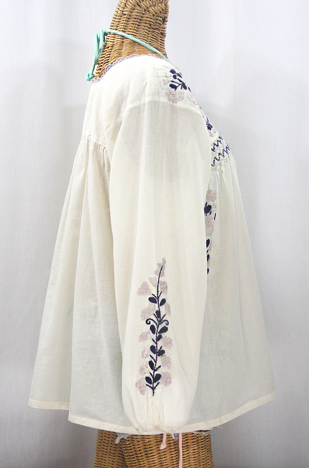 "La Marina Larga" Embroidered Long Sleeve Peasant Blouse - Off White + Navy & Cocoa