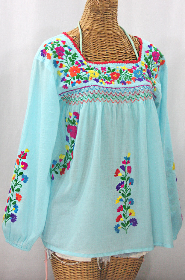 "La Marina Larga" Embroidered Long Sleeve Peasant Blouse - Pale Blue + Rainbow