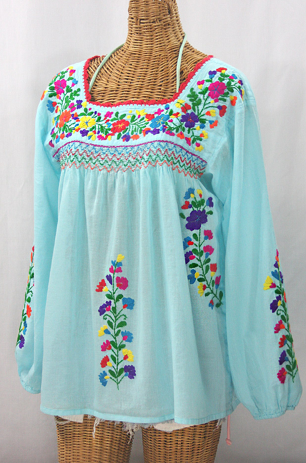 "La Marina Larga" Embroidered Long Sleeve Peasant Blouse - Pale Blue + Rainbow