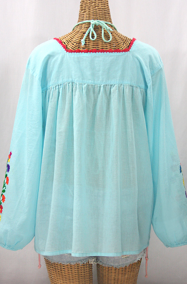 "La Marina Larga" Embroidered Long Sleeve Peasant Blouse - Pale Blue + Rainbow