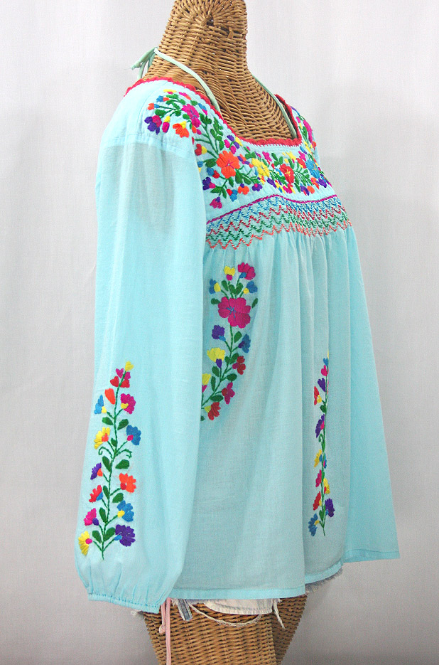 "La Marina Larga" Embroidered Long Sleeve Peasant Blouse - Pale Blue + Rainbow