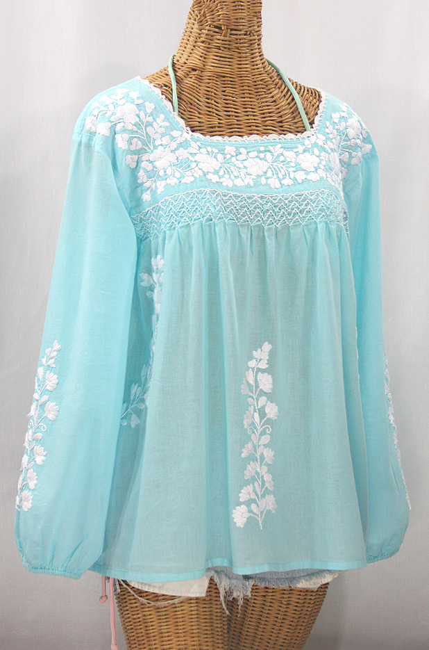 "La Marina Larga" Embroidered Long Sleeve Peasant Blouse - Pale Blue + White