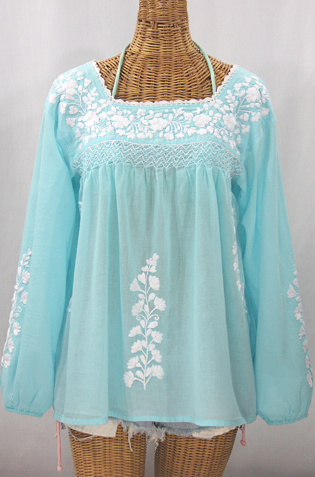 "La Marina Larga" Embroidered Long Sleeve Peasant Blouse - Pale Blue + White