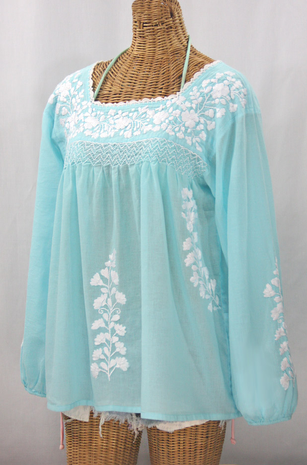 "La Marina Larga" Embroidered Long Sleeve Peasant Blouse - Pale Blue + White