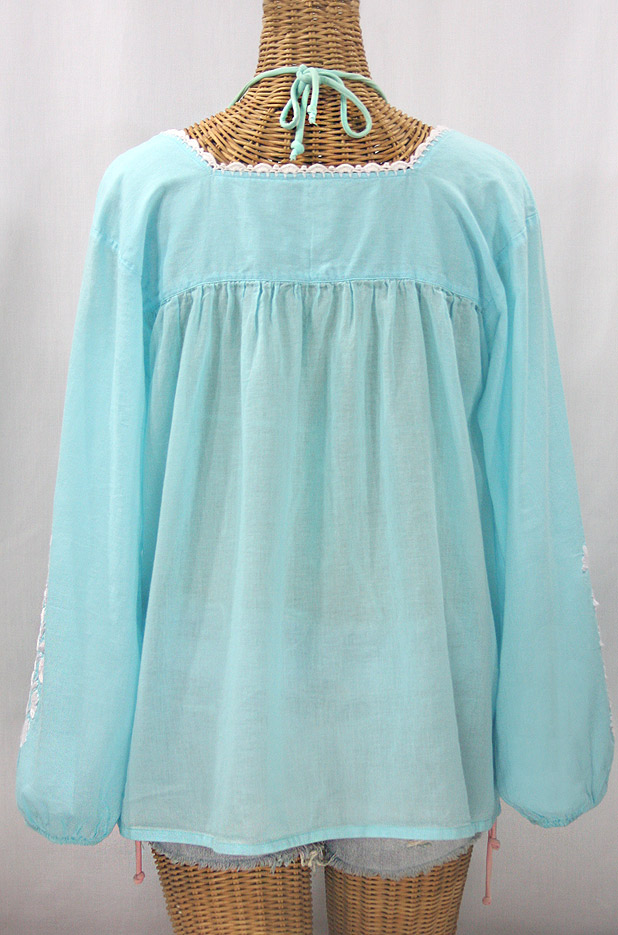 "La Marina Larga" Embroidered Long Sleeve Peasant Blouse - Pale Blue + White