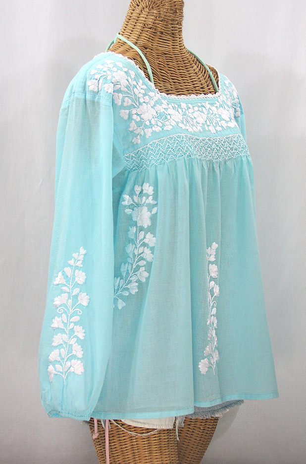 "La Marina Larga" Embroidered Long Sleeve Peasant Blouse - Pale Blue + White