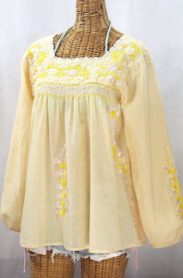 "La Marina Larga" Embroidered Long Sleeve Peasant Blouse - Pale Yellow + Yellow Mix