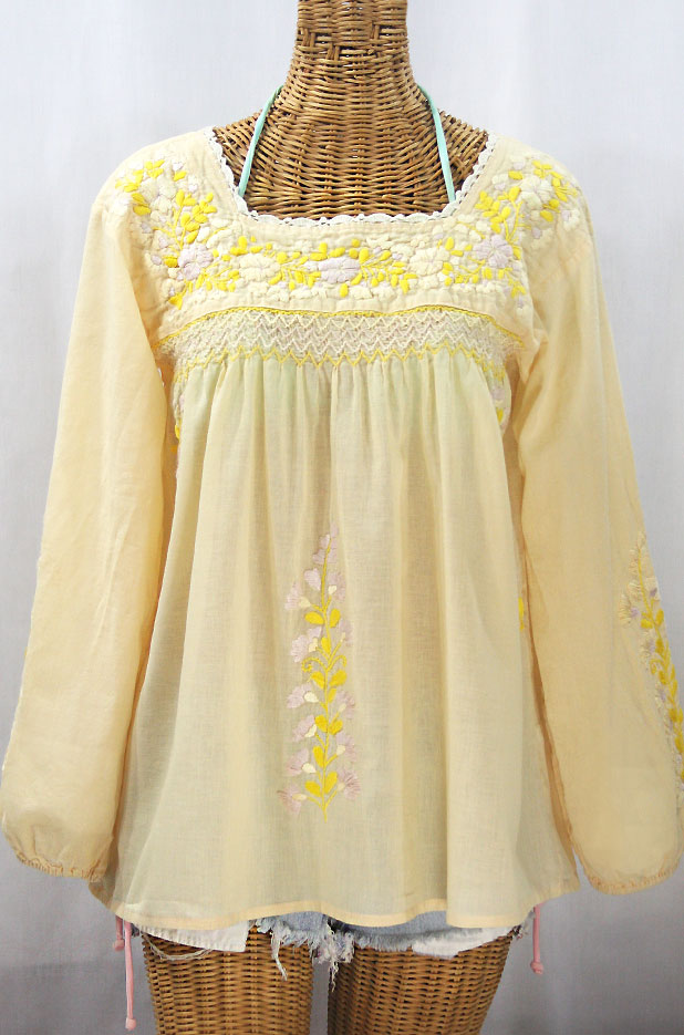 "La Marina Larga" Embroidered Long Sleeve Peasant Blouse - Pale Yellow + Yellow Mix