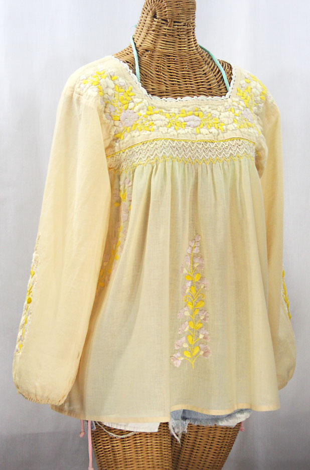 "La Marina Larga" Embroidered Long Sleeve Peasant Blouse - Pale Yellow + Yellow Mix