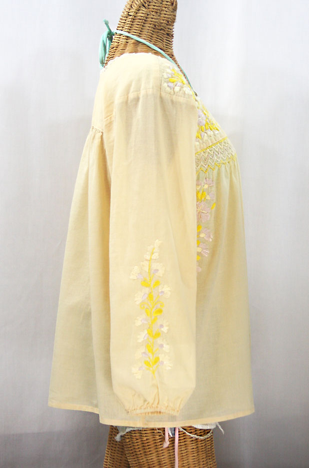 "La Marina Larga" Embroidered Long Sleeve Peasant Blouse - Pale Yellow + Yellow Mix