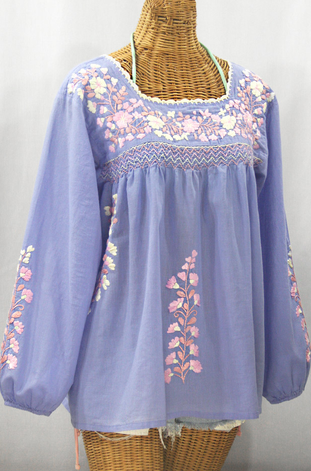 "La Marina Larga" Embroidered Long Sleeve Peasant Blouse - Periwinkle + Pink Mix