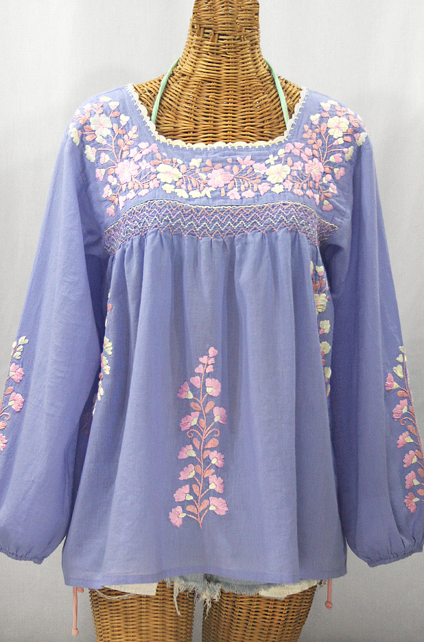 "La Marina Larga" Embroidered Long Sleeve Peasant Blouse - Periwinkle + Pink Mix