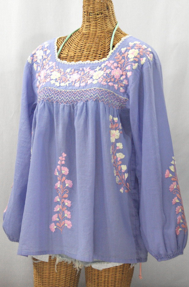 "La Marina Larga" Embroidered Long Sleeve Peasant Blouse - Periwinkle + Pink Mix