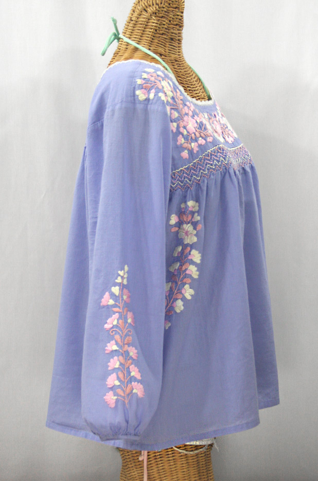 "La Marina Larga" Embroidered Long Sleeve Peasant Blouse - Periwinkle + Pink Mix
