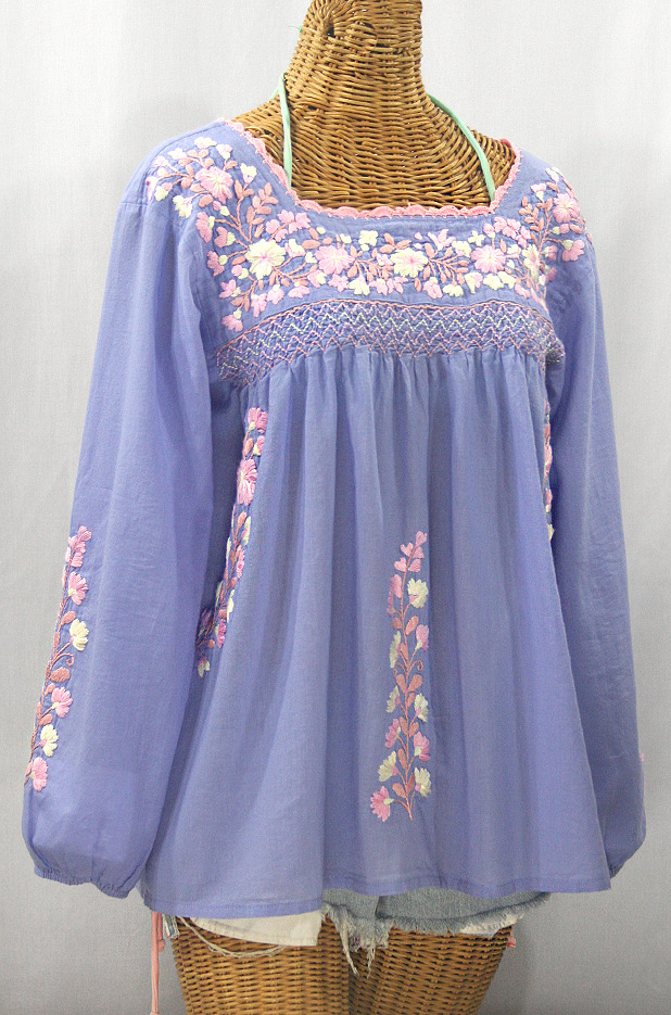 "La Marina Larga" Embroidered Long Sleeve Peasant Blouse - Periwinkle + Pink Mix