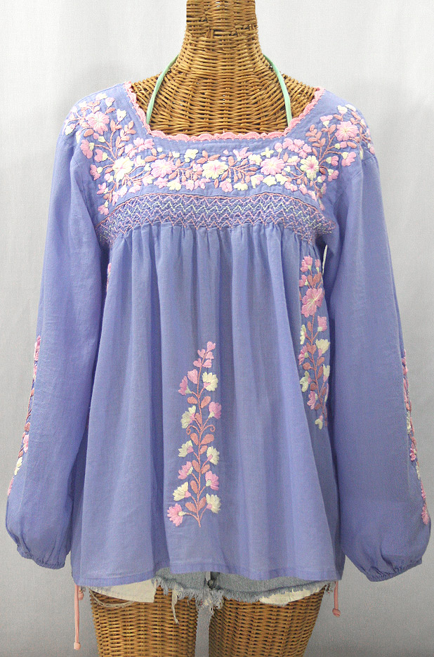 "La Marina Larga" Embroidered Long Sleeve Peasant Blouse - Periwinkle + Pink Mix